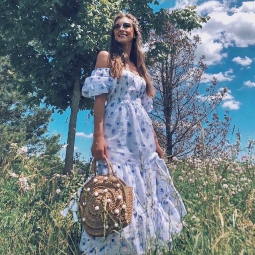 LoveShackFancy Gemma Maxi Dress White Floral Print Smocked Puffy Sleeve XS